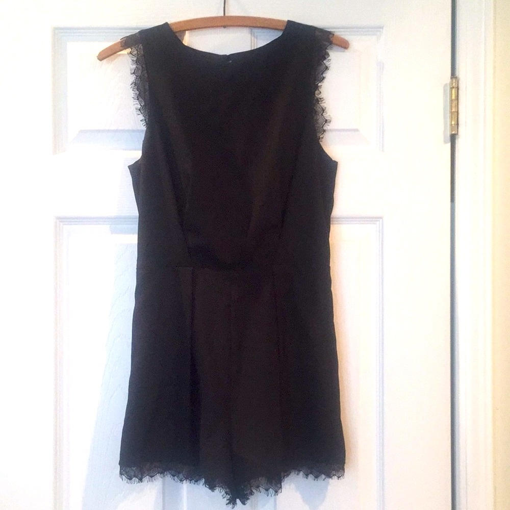 AQUA Black Darted Romper with Lace Trim